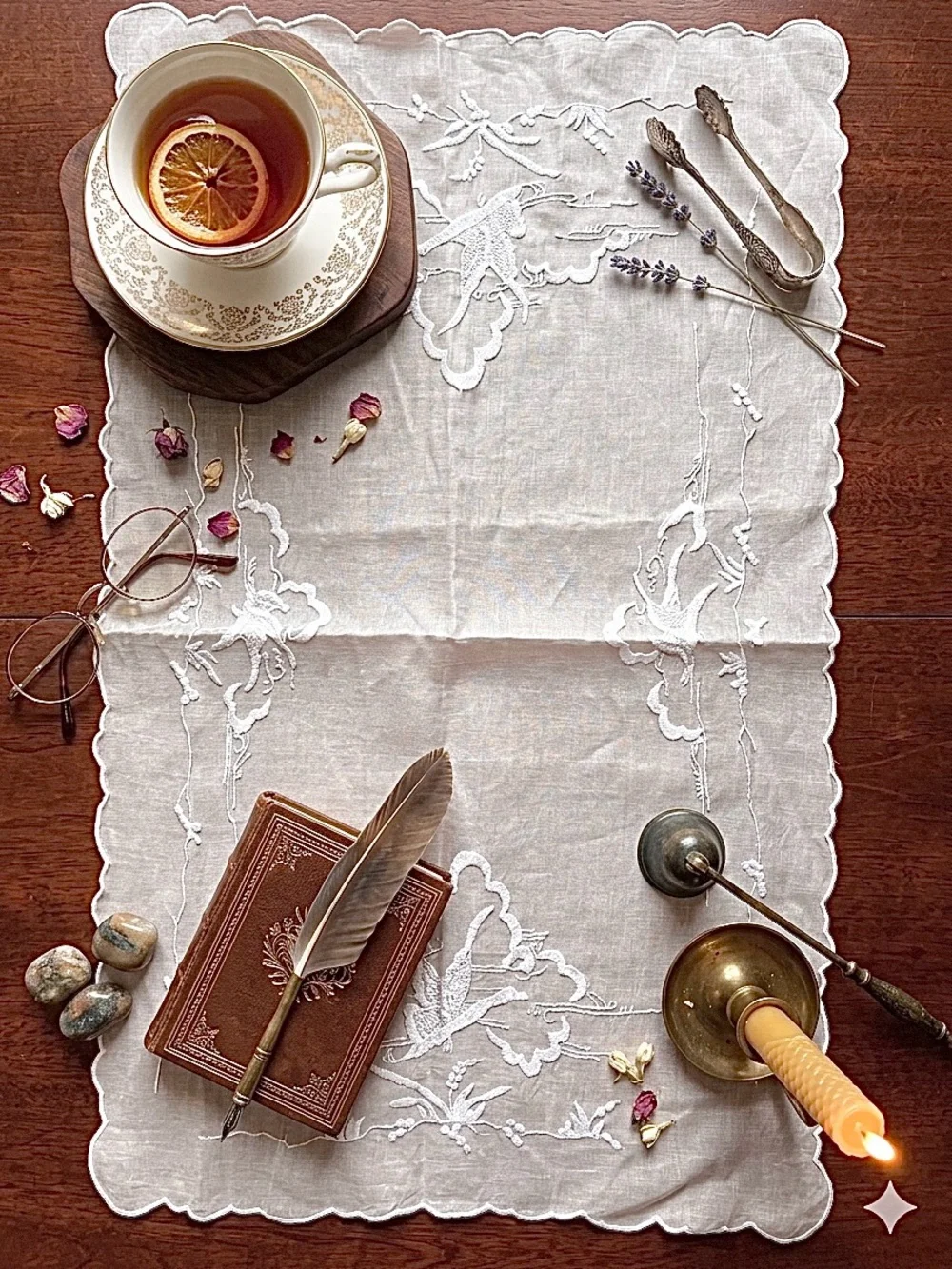 Vintage Hand-Embroidered Linen Table Runner Scalloped Edge Traditional Heritage